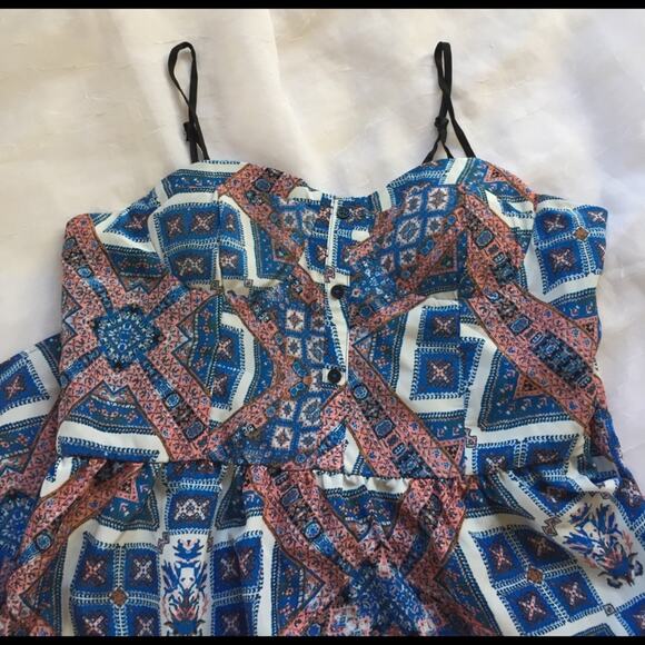 Pink Rose blue patterned shirred back maxi dress, L - Picture 3 of 7